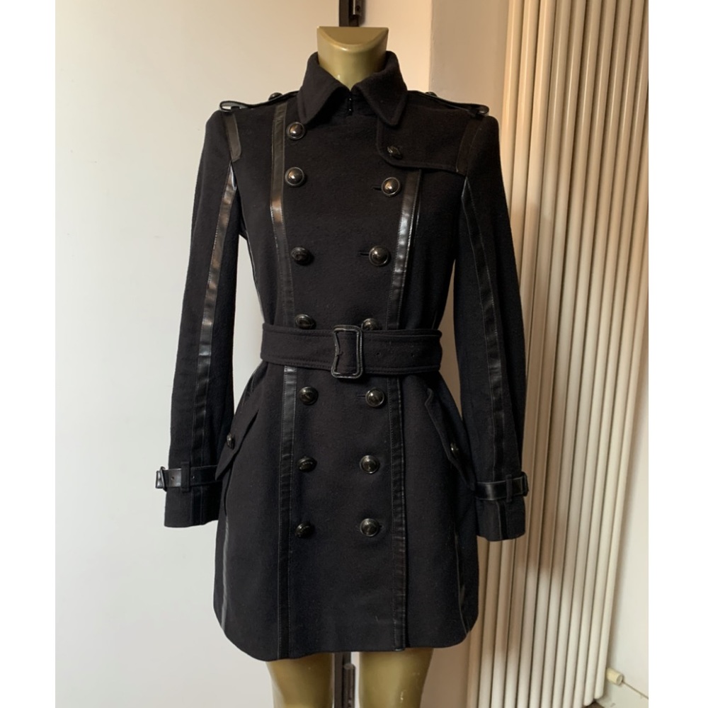 burrberry wool women belted coat with leather